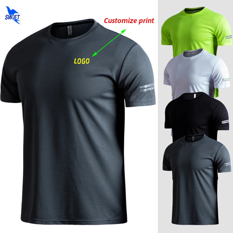 Customize LOGO Breathable Running Shirts Men Tops Tees Quick Dry Short Sleeve Gym Fitness T Shirt Reflective Strips Sportswear