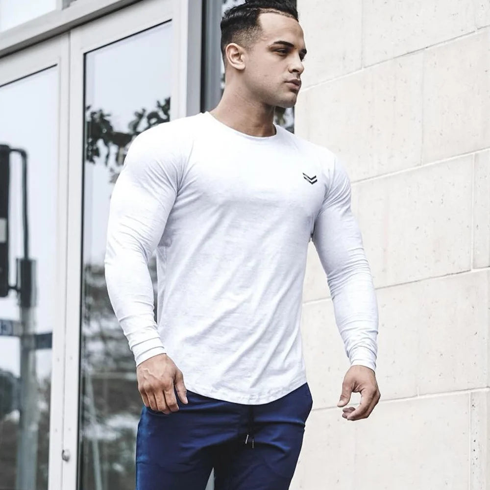 Autumn Cotton Long Sleeve T-shirt Men Running Sport Skinny Shirt Gym Fitness Training Tee Tops Male Bodybuilding Clothing