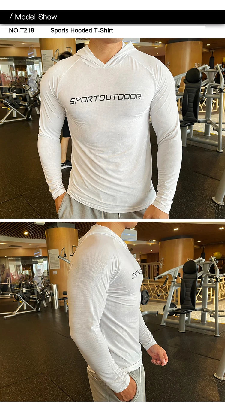 Gym Men T Shirt Casual Long Sleeve Slim Tops Tees Elastic T-shirt Sports Fitness Thin Comfort Breathable Quick Dry Hooded