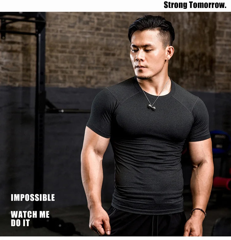 Men Tight Bodybuilding Sport T-shirt Quick Dry Running Shirt Short Sleeve Compression Top Gym Men Fitness Sweatshirt Workout