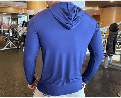 Gym Men T Shirt Casual Long Sleeve Slim Tops Tees Elastic T-shirt Sports Fitness Thin Comfort Breathable Quick Dry Hooded