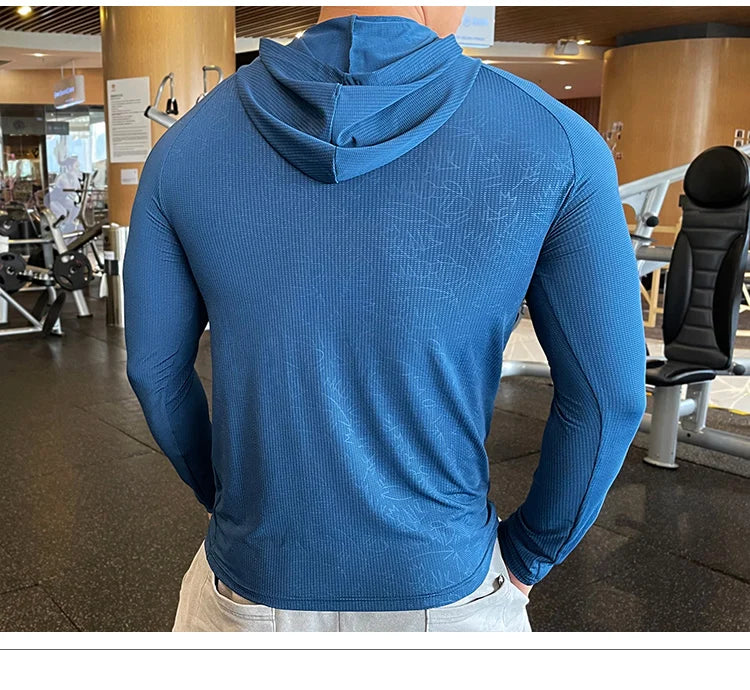 Gym Men T Shirt Casual Long Sleeve Slim Tops Tees Elastic T-shirt Sports Fitness Thin Comfort Breathable Quick Dry Hooded