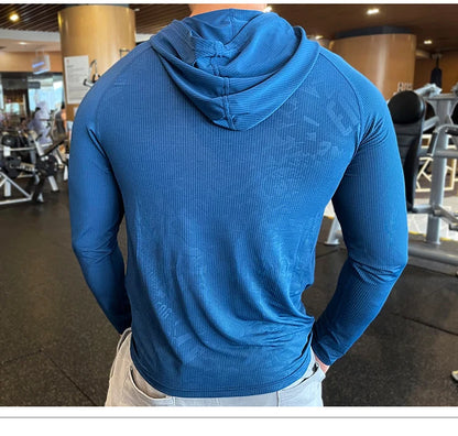 Gym Men T Shirt Casual Long Sleeve Slim Tops Tees Elastic T-shirt Sports Fitness Thin Comfort Breathable Quick Dry Hooded