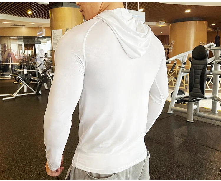 Gym Men T Shirt Casual Long Sleeve Slim Tops Tees Elastic T-shirt Sports Fitness Thin Comfort Breathable Quick Dry Hooded