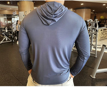 Gym Men T Shirt Casual Long Sleeve Slim Tops Tees Elastic T-shirt Sports Fitness Thin Comfort Breathable Quick Dry Hooded