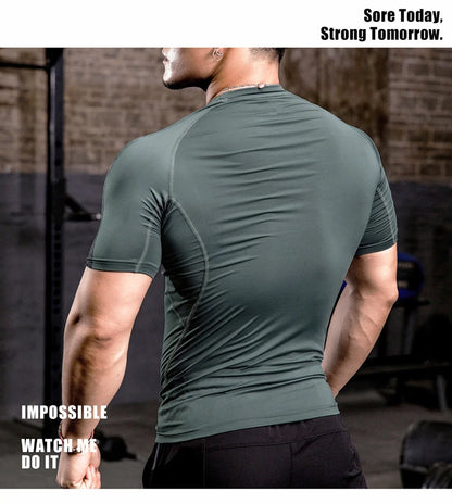 Men Tight Bodybuilding Sport T-shirt Quick Dry Running Shirt Short Sleeve Compression Top Gym Men Fitness Sweatshirt Workout