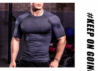 Men Tight Bodybuilding Sport T-shirt Quick Dry Running Shirt Short Sleeve Compression Top Gym Men Fitness Sweatshirt Workout