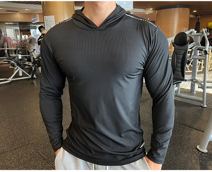 Gym Men T Shirt Casual Long Sleeve Slim Tops Tees Elastic T-shirt Sports Fitness Thin Comfort Breathable Quick Dry Hooded