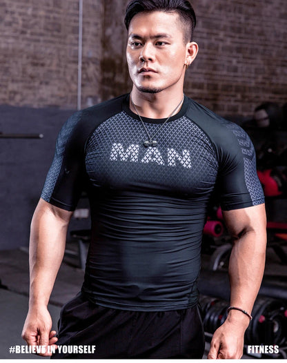 Men Tight Bodybuilding Sport T-shirt Quick Dry Running Shirt Short Sleeve Compression Top Gym Men Fitness Sweatshirt Workout