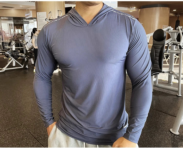 Gym Men T Shirt Casual Long Sleeve Slim Tops Tees Elastic T-shirt Sports Fitness Thin Comfort Breathable Quick Dry Hooded