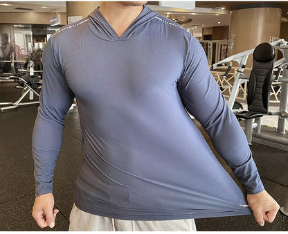 Gym Men T Shirt Casual Long Sleeve Slim Tops Tees Elastic T-shirt Sports Fitness Thin Comfort Breathable Quick Dry Hooded