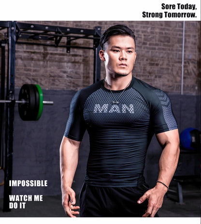 Men Tight Bodybuilding Sport T-shirt Quick Dry Running Shirt Short Sleeve Compression Top Gym Men Fitness Sweatshirt Workout