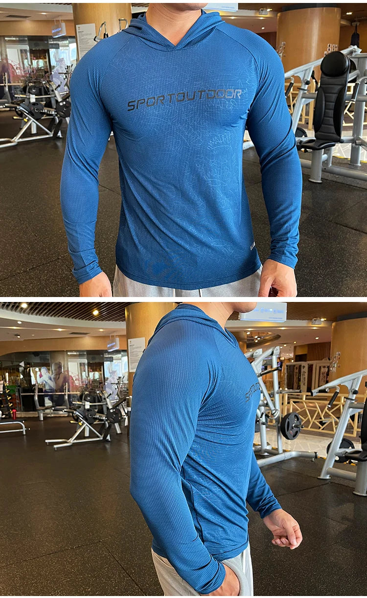 Gym Men T Shirt Casual Long Sleeve Slim Tops Tees Elastic T-shirt Sports Fitness Thin Comfort Breathable Quick Dry Hooded