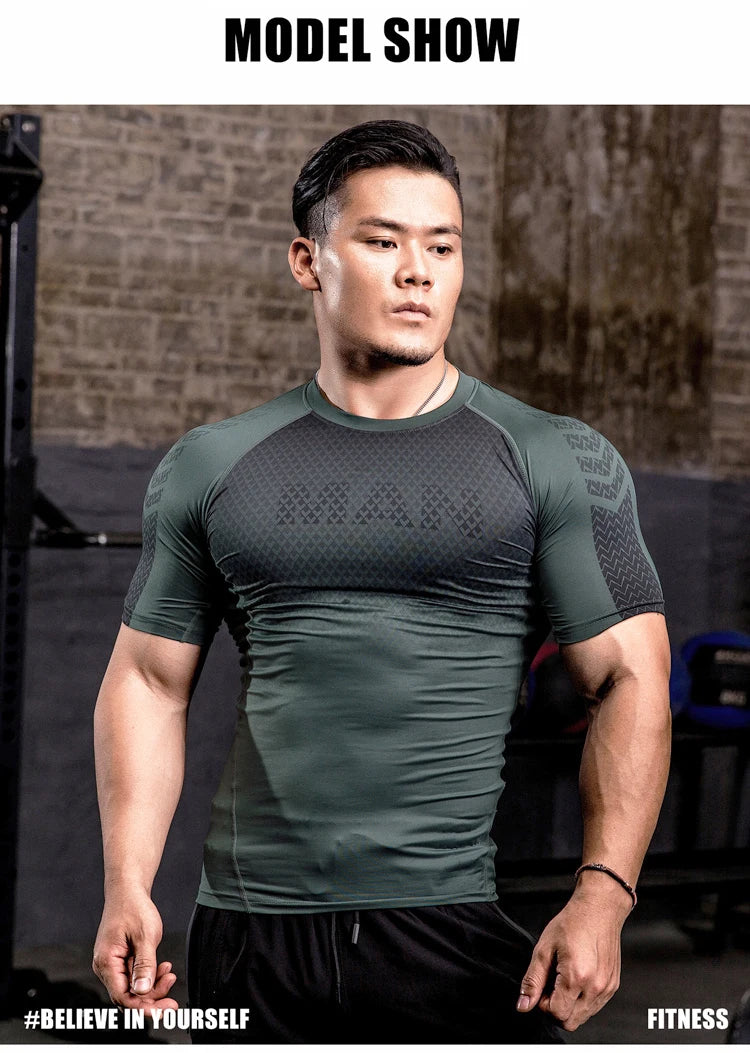 Men Tight Bodybuilding Sport T-shirt Quick Dry Running Shirt Short Sleeve Compression Top Gym Men Fitness Sweatshirt Workout