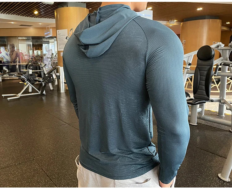 Gym Men T Shirt Casual Long Sleeve Slim Tops Tees Elastic T-shirt Sports Fitness Thin Comfort Breathable Quick Dry Hooded