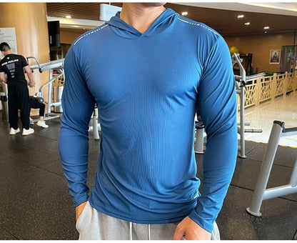 Gym Men T Shirt Casual Long Sleeve Slim Tops Tees Elastic T-shirt Sports Fitness Thin Comfort Breathable Quick Dry Hooded