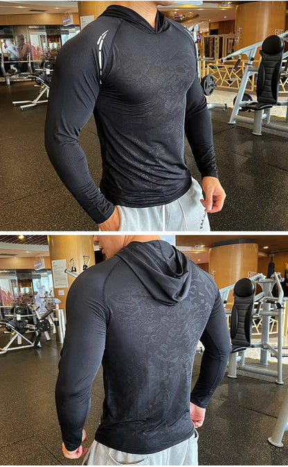 Gym Men T Shirt Casual Long Sleeve Slim Tops Tees Elastic T-shirt Sports Fitness Thin Comfort Breathable Quick Dry Hooded