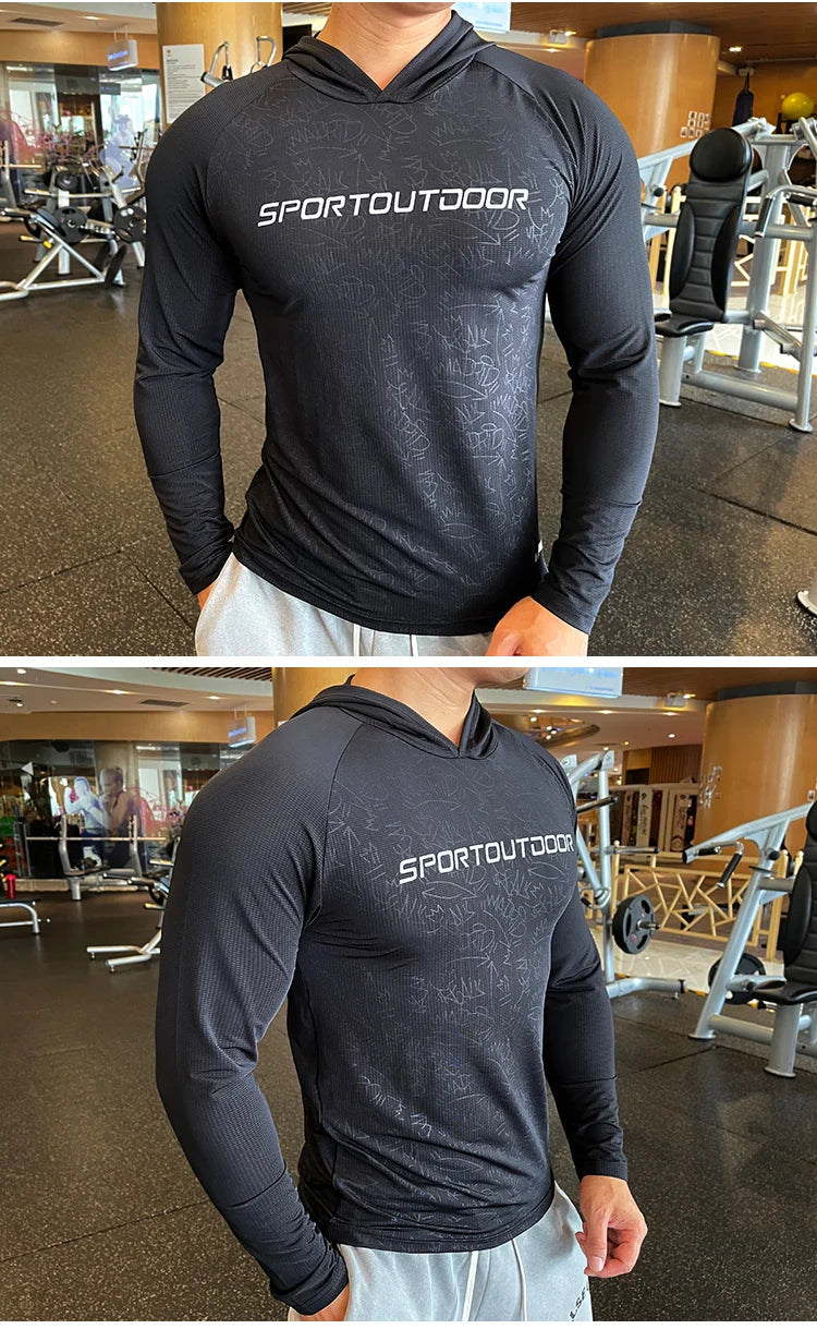 Gym Men T Shirt Casual Long Sleeve Slim Tops Tees Elastic T-shirt Sports Fitness Thin Comfort Breathable Quick Dry Hooded