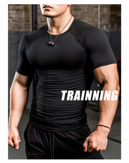 Men Tight Bodybuilding Sport T-shirt Quick Dry Running Shirt Short Sleeve Compression Top Gym Men Fitness Sweatshirt Workout