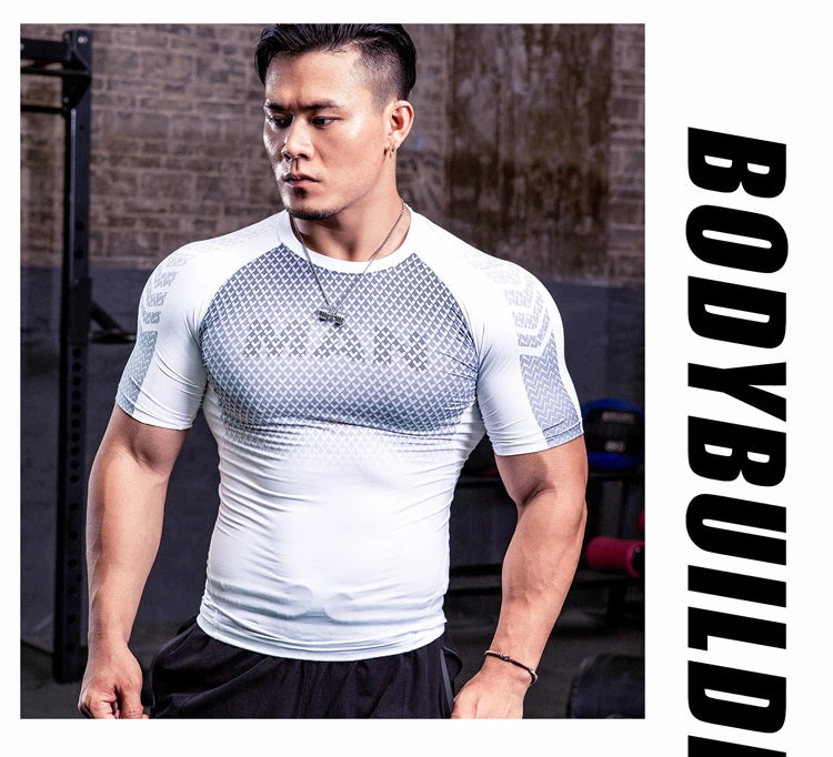 Men Tight Bodybuilding Sport T-shirt Quick Dry Running Shirt Short Sleeve Compression Top Gym Men Fitness Sweatshirt Workout