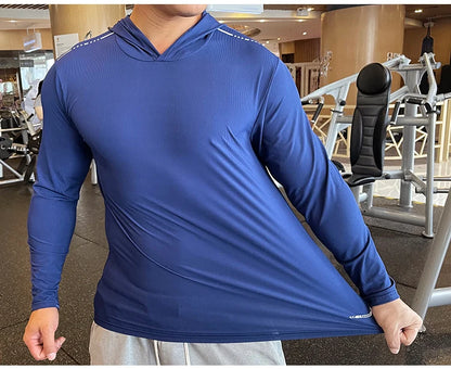 Gym Men T Shirt Casual Long Sleeve Slim Tops Tees Elastic T-shirt Sports Fitness Thin Comfort Breathable Quick Dry Hooded