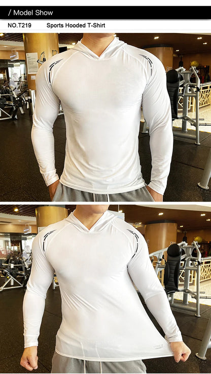 Gym Men T Shirt Casual Long Sleeve Slim Tops Tees Elastic T-shirt Sports Fitness Thin Comfort Breathable Quick Dry Hooded