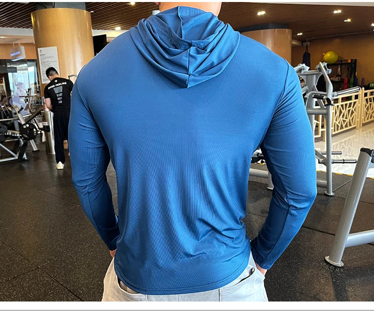 Gym Men T Shirt Casual Long Sleeve Slim Tops Tees Elastic T-shirt Sports Fitness Thin Comfort Breathable Quick Dry Hooded