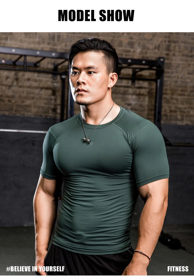 Men Tight Bodybuilding Sport T-shirt Quick Dry Running Shirt Short Sleeve Compression Top Gym Men Fitness Sweatshirt Workout