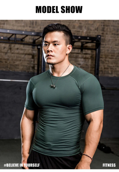 Men Tight Bodybuilding Sport T-shirt Quick Dry Running Shirt Short Sleeve Compression Top Gym Men Fitness Sweatshirt Workout