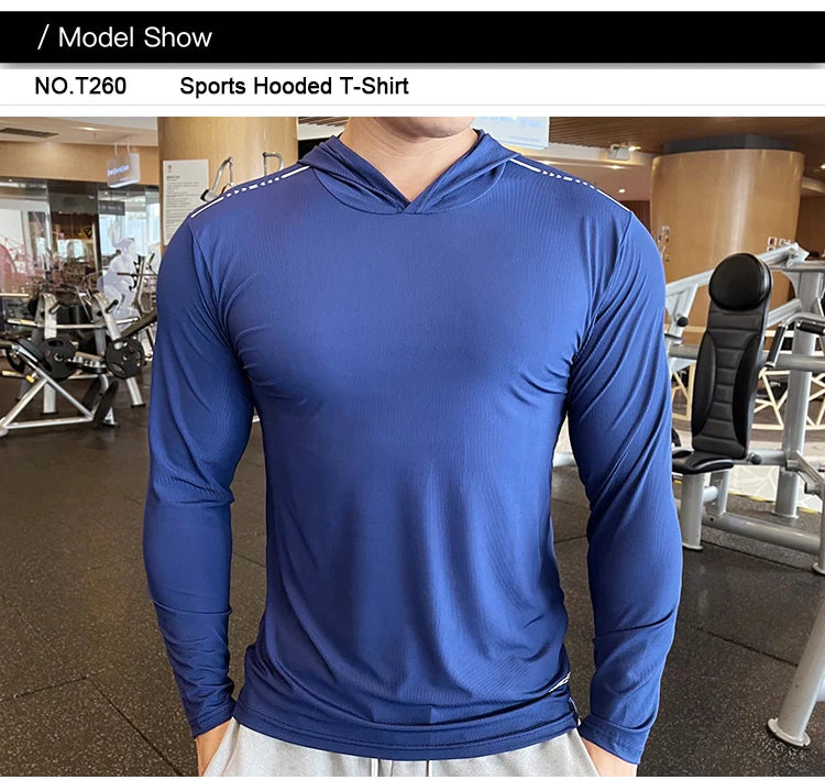 Gym Men T Shirt Casual Long Sleeve Slim Tops Tees Elastic T-shirt Sports Fitness Thin Comfort Breathable Quick Dry Hooded