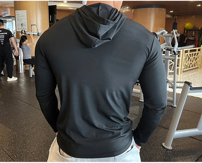 Gym Men T Shirt Casual Long Sleeve Slim Tops Tees Elastic T-shirt Sports Fitness Thin Comfort Breathable Quick Dry Hooded