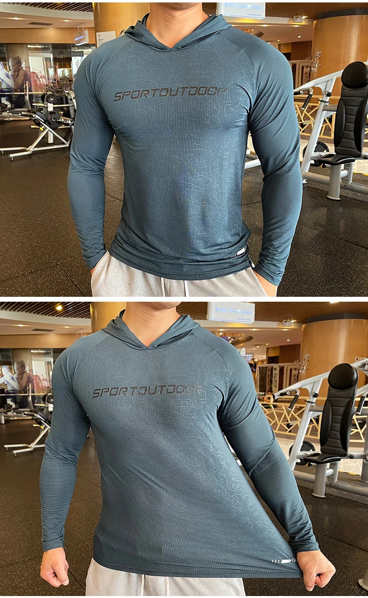 Gym Men T Shirt Casual Long Sleeve Slim Tops Tees Elastic T-shirt Sports Fitness Thin Comfort Breathable Quick Dry Hooded