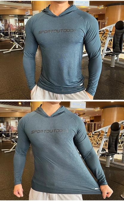 Gym Men T Shirt Casual Long Sleeve Slim Tops Tees Elastic T-shirt Sports Fitness Thin Comfort Breathable Quick Dry Hooded