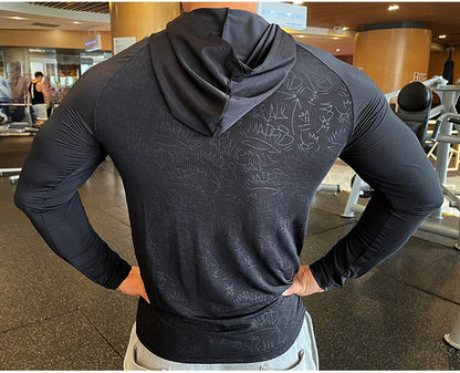 Gym Men T Shirt Casual Long Sleeve Slim Tops Tees Elastic T-shirt Sports Fitness Thin Comfort Breathable Quick Dry Hooded