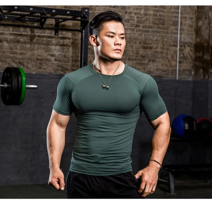 Men Tight Bodybuilding Sport T-shirt Quick Dry Running Shirt Short Sleeve Compression Top Gym Men Fitness Sweatshirt Workout