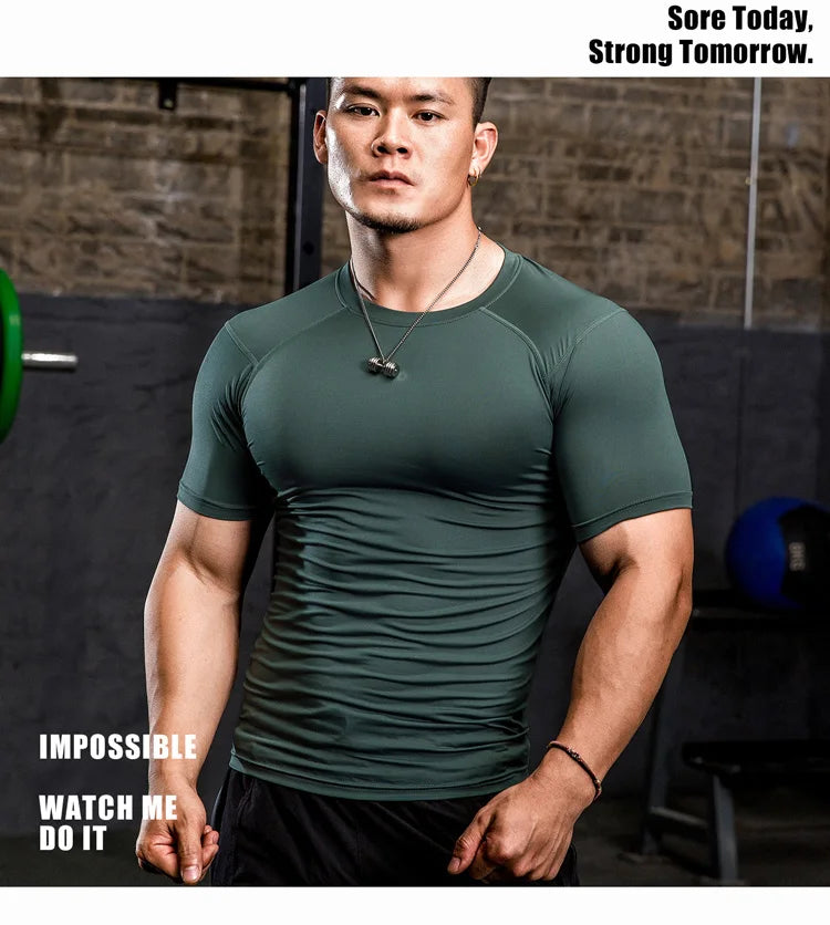 Men Tight Bodybuilding Sport T-shirt Quick Dry Running Shirt Short Sleeve Compression Top Gym Men Fitness Sweatshirt Workout