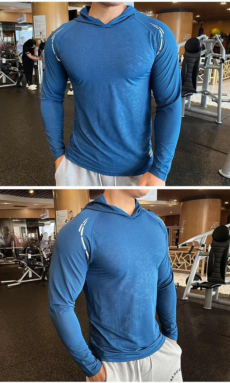 Gym Men T Shirt Casual Long Sleeve Slim Tops Tees Elastic T-shirt Sports Fitness Thin Comfort Breathable Quick Dry Hooded