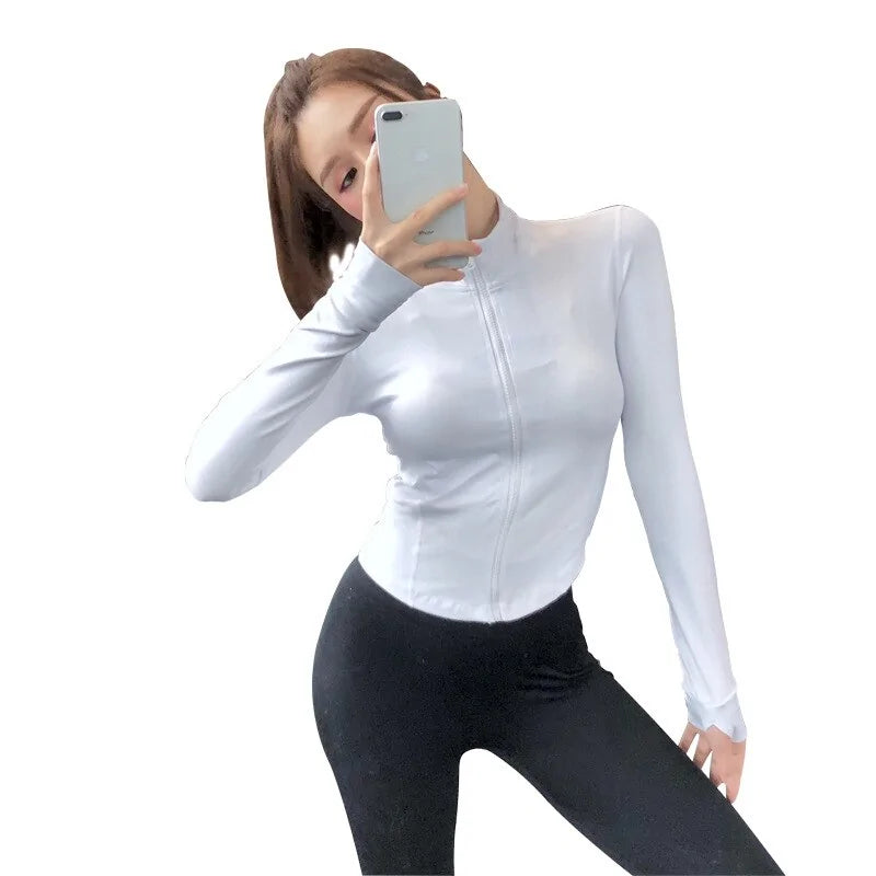 Women's Slim Zipper Sports Gym Running Long Sleeve Crop Tops